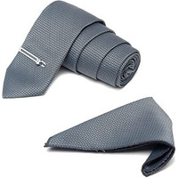 Mutaqinoti Mens Grey Woven Premium Silk Necktie Suit Accessories Set With Pocket Square And Chrome Tie Pin (Te-Cp)