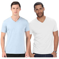 Adro Men's V Neck Combo Plain Cotton T-Shirts_Vcm2-Pln-Sk-Wh-Xl Sky Blue, White