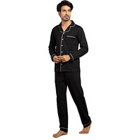 Nite Flite Black Mens Cotton Nightwear Full Sleeve | Top And Pyjama Set (Black, L)