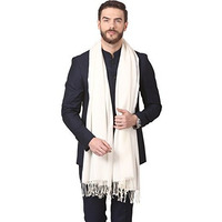 Pashtush Jaquard Weave Stole For Men, Fine Wool Stole, Light Weight, Woven Embelished Design, Mens Scarf (White)