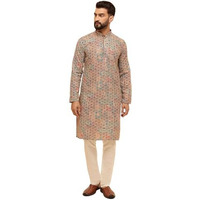 Sojanya (Since 1958 Men's Cotton Silk Gold Thread Floral Embroidered Kurta With White Pyjama