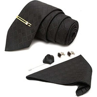 Louis Stitch Mens Sable Black Italian Silk Necktie Set Incl Pocket Square Cufflinks Golden Tiepin Brooch American Style Formal Tie Gift Set For Men (Bl011Gp)