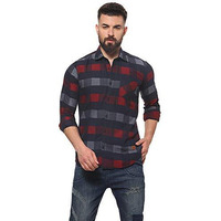 Campus Sutra Men's Navy Blue & Red Gun Club Check Shirt For Casual Wear | Spread Collar | Long Sleeve | Button Closure | Cotton Shirt Crafted With Comfort Fit For Everyday Wear