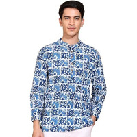 Yash Gallery Men's Cotton Handblock Print Mandarin Collar Full Sleeves Short Kurta (Blue, Xxl)