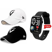Selloria Combo Pack Of 2 With 1 Watch For Gift Stylish Sport Virat Inspire + Bast Baseball Cap For Men's And Boy's Caps (Black+White)