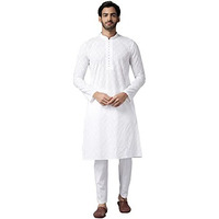 See Designs Mens Kurta | Specially Crafted And Designed For The Eid Festival White Cotton Embroidered Kurta With Pajama Set Mandarin Collar Long Sleeves Chikankari Kurta | Sdkt109201L