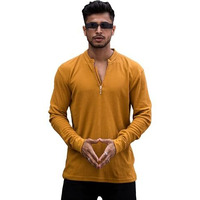 Maniac Mens High Neck Solid Full Sleeve Mustard Cotton Slim Fit T-Shirt