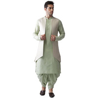 Kisah Mens Kurta Jacket Dhoti Set, Silk Blend Jacquard Mandarin Collar Long Sleeves, Beige Ethnic Wear Set For Men, 40