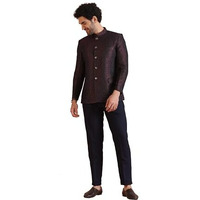 Kisah Men's Jodhpuri Bandhgala-Blazer Trouser Set, Magenta Silk Blend, Woven Design Regular Fit Mandarin Collar Long Sleeves (42)