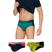 Xyxx Men's Underwear Dualist Intellisoft Antimicrobial Micro Modal Brief Pack Of 3 (Navigate & Black Iris ; Lime Punch & Black ; Black Iris & Tango Red; L)