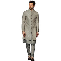 Kisah Men's Grey Indo-Western Kurta Sherwani Churidar Set Cotton Full Sleaves, Knee Length, Straight, Regular Fit, Mandarin Collar Ethnic Casual