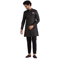 Kisah Men's Black Sherwani Trousers Set, Cotton Full Sleaves, Knee Length, Straight, Regular Fit, Mandarin Collar Ethnic Wear