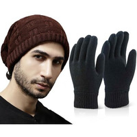 Weavers Villa Set Of Snow Proof Inside Fur Acro Wool Unisex Beanie Cap Knit Hat Thick Fleece Lined Winter Cap With Gloves For Men & Women, Free Size (In, Alpha, Free Size, Coffee)