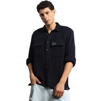 Hubberholme Men Summer Cotton Spread Collar Long Sleeves Oversized Casual Shirt 26 Blue