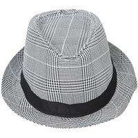 Fabseasons Polyester Unisex Checkered Fedora Hat With Black Decorative Ribbon | Size 58 Cm