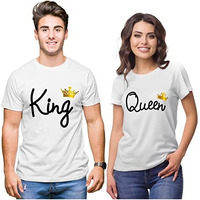 Hangout Hub Hangout-Hub110 King Queen -Gc (White;Men L, Women M) Couples Tshirt For Couple | Printed T-Shirts For Boyfriend Girlfriend And Husband Wife | Regular Fit (Set Of 2, Cotton)