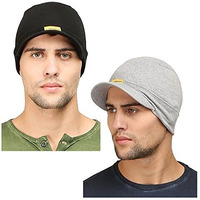 Fabseasons Cotton Skull Cap With Peak, Ideal For All Summer & Winters. Combo Pack Of 2 (Gray, Black)