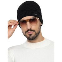 Amoldo Unisex Warm And Soft Winter Woolen Skull Beanie Cap With Fur Lining (Box Design) (Black)