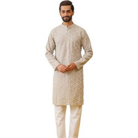 Jompers Men's Grey Chikankari Embroidered Kurta Pyjama Set. (Grey, L)