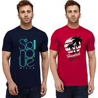 London Hills Men's Half Sleeve 100% Pure Cotton Casual Round Neck Printed Regular Fit Tshirts (Pack Of 2) Blue,Red.