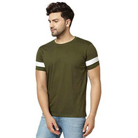 London Hills Men's Half Sleeve 100% Pure Cotton Casual Round Neck With Stripe On Arm, Regular Fit Non-Shrinkable T-Shirts Olive