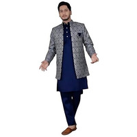 Amzira Mens Jacquard Ethnic Wear Kurta Pajama & Ethnic Jacket Set (Blue,M Size)