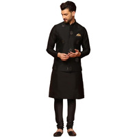 Kisah Mens Kurta Jacket Churidar Set, Silk Blend Jacquard Mandarin Collar Long Sleeves, Black Ethnic Wear Set For Men, 44