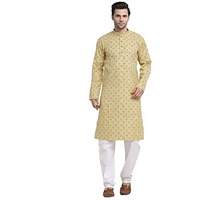 Kraft India Men Cotton Regular Fit Yellow Printed Kurta Pyjama Set Size X-Large
