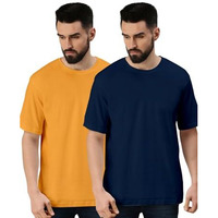 Veirdo Navy & Mustard Oversized Baggy Fit Drop Shoulder Half Sleeves Round Neck Solid Pure Cotton T-Shirt For Men (Po2_Os_100_Ny_Mt_S)