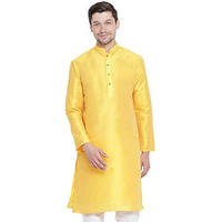 Vm Mens Silk Blend Yellow Kurta - Elegance For Festivals & Events | Banarasi Silk With Slight Cotton Mix Solid Full Sleeves Chinese Collar Kurta | Classic Design, Premium Comfort, And Versatile Style