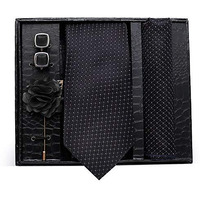 Nu-Lite Formal/Casual Printed Polyester Necktie Set With Pocket Square, Brooch Pin And Cufflinks For Men (Black), Free Size