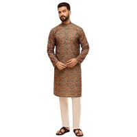 Sojanya (Since 1958 Men's Cotton Linen Kalamkari Printed Multi & Green Kurta With White Pyjama