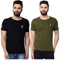 London Hills Men Slim Fit T-Shirt || T-Shirt For Men || Plain T Shirt || T-Shirt (Rib) (M, Pack Of 2) Olive Black