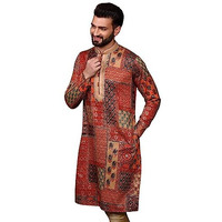 Kisah Men Red Kurta, Cotton, Full Sleaves, Knee Length, Straight, Regular Fit, Mandarin Collar Ethnic Wear, 42