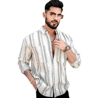 Maniac Mens Stripes Full Sleeve Half White Brown Shirt