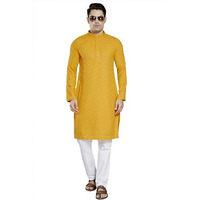 Divisive Men's Sequince Embroidered Cotton Blend Slim Fit Kurta Pyjama Set (Dkrt21_Xl_Gold)