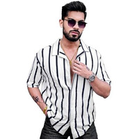 Maniac Mens Striped Collared Neck Half Sleeve White Popcorn Knitted Shirt