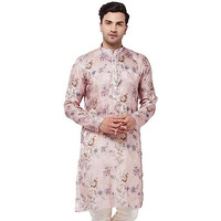 Vastramay Men's Multicolor-Base-Peach Cotton Blend Kurta | Cotton Mustin Printed | Kurta For Festivals - Stylish, Comfortable - Perfect For Celebrations And Cultural Events, Navratri & Diwali