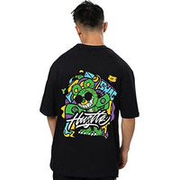 Veirdo Pure Cotton Oversize Loose Fit Drop Shoulder Round Neck Half Sleeve Graphic Black Printed T-Shirt For Men (Os_100_Hustle_Bl)