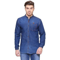 Kuons Avenue Men's Denimax Washed Mandarin Collar Denim Casual Shirt | Chinese Collar Shirts For Men (Kaclfs1237Xl_Denimax Washed_X-Large)