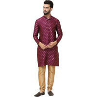 Sojanya (Since 1958 Men's Silk Blend Wine Booti Kurta With Gold Churidaar Pyjama