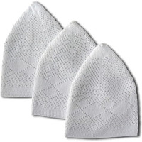 Sufi Rose White Knitted Muslim Cap Lightweight, Breathable Islamic Prayer Cap, Soft Cotton Muslim Skull Cap With Elegant Turkish Design (Pack Of 3)