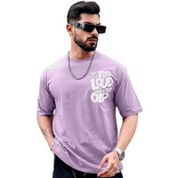 Maniac Mens Printed Round Neck 3/4Th Sleeve Lavender And White Cotton Oversized T-Shirt