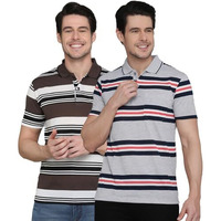 Inkkr Striped Men's Polo Neck (Brown-Grey) T-Shirt