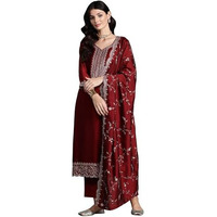Indo Era Women's Maroon Silk Blend Embroidered Straight Kurta & Pant With Dupatta Set (Kh9Mr6584_Xx-Large)