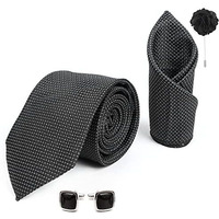 Rizoro Mens Plaid Dotted Silk Necktie Gift Set With Pocket Square Cufflinks & Brooch Pin Formal Tie With Leatherite Box (Black A10Bkrx Free Size)