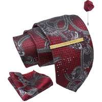 Axlon Maroon Grey Geometric Tie For Men  Formal Ties Set With Pocket Square, Cufflink, Tie Clip & Flower Pin With Gift Box For Mens (Axfbk14)