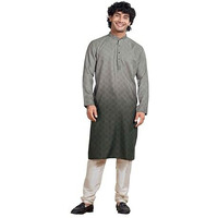 Vardha Men's Cotton Print Shaded Stitched Kurta, Cloud Grey Moroccan Pattern Printed Kurtas For Men, Bandhgala Collar, Antique Buttons, Size L