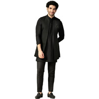 Kisah Men's Kurta Jacket Trouser Set, Black Silk Blend, Jacquard Regular Fit Mandarin Collar Long Sleeves (40)