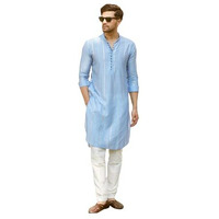 See Designs Men Full Sleeve Turquoise Blue Chanderi Silk Sequins Cotton Mandarin Collar Side Slit Kurta With Pyjama - Sdmkt144401M